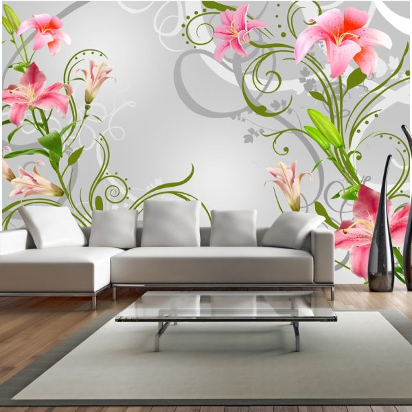 ARTGEIST -Fototapet med rosa liljor på en grå bakgrund - Flera storlekar 150x105
