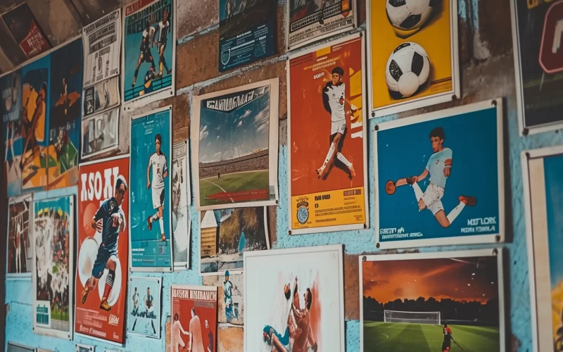 Föreviga fotbollsmagi på väggen med en fotbollsposter